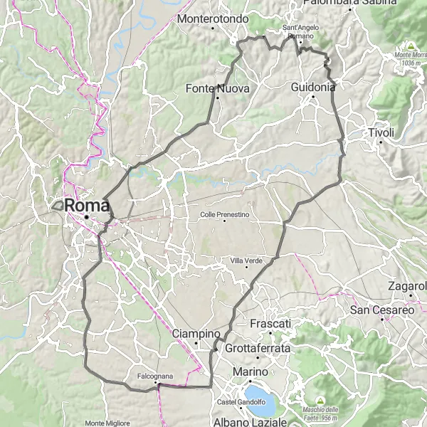 Map miniature of "Countryside Charm: Exploring Villages and Monuments by Road Bike" cycling inspiration in Lazio, Italy. Generated by Tarmacs.app cycling route planner