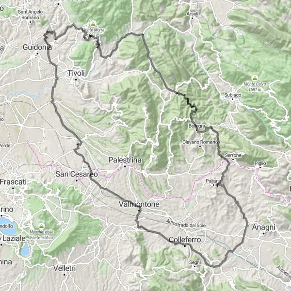 Miniatura della mappa di ispirazione al ciclismo "Viaggio su strada tra Marcellina e Montecelio" nella regione di Lazio, Italy. Generata da Tarmacs.app, pianificatore di rotte ciclistiche