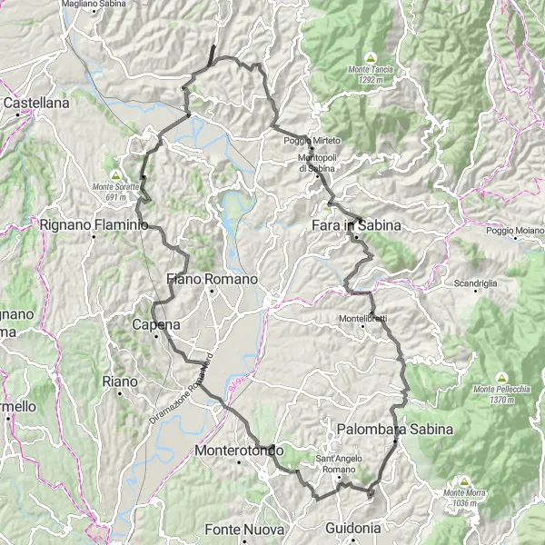 Map miniature of "Capena Valley Ride" cycling inspiration in Lazio, Italy. Generated by Tarmacs.app cycling route planner