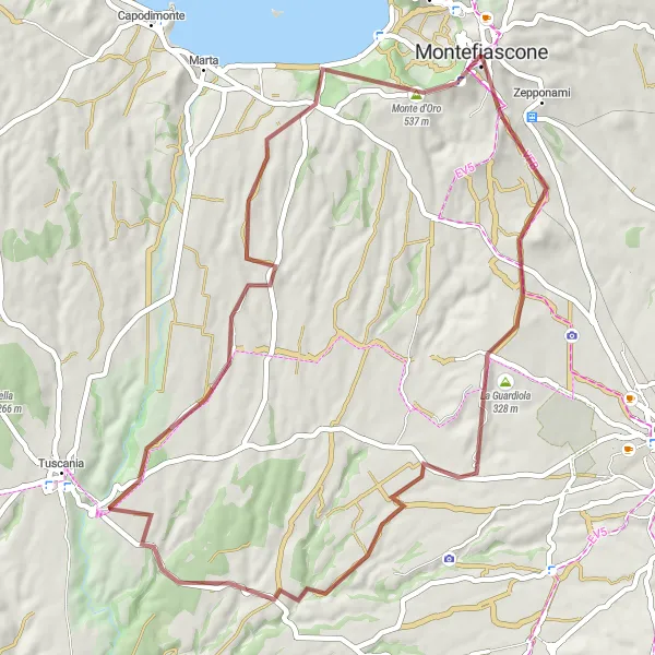 Miniatura della mappa di ispirazione al ciclismo "Il giro delle colline di Montefiascone" nella regione di Lazio, Italy. Generata da Tarmacs.app, pianificatore di rotte ciclistiche