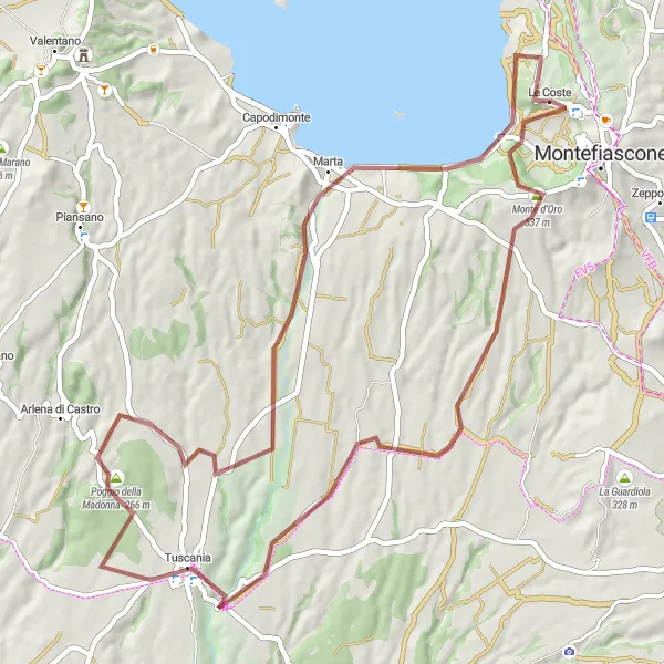 Miniatura della mappa di ispirazione al ciclismo "Gravel Montefiascone - Tuscania Scenic Route" nella regione di Lazio, Italy. Generata da Tarmacs.app, pianificatore di rotte ciclistiche