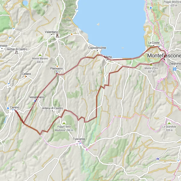 Miniatura della mappa di ispirazione al ciclismo "Avventura in Gravel intorno a Montefiascone" nella regione di Lazio, Italy. Generata da Tarmacs.app, pianificatore di rotte ciclistiche