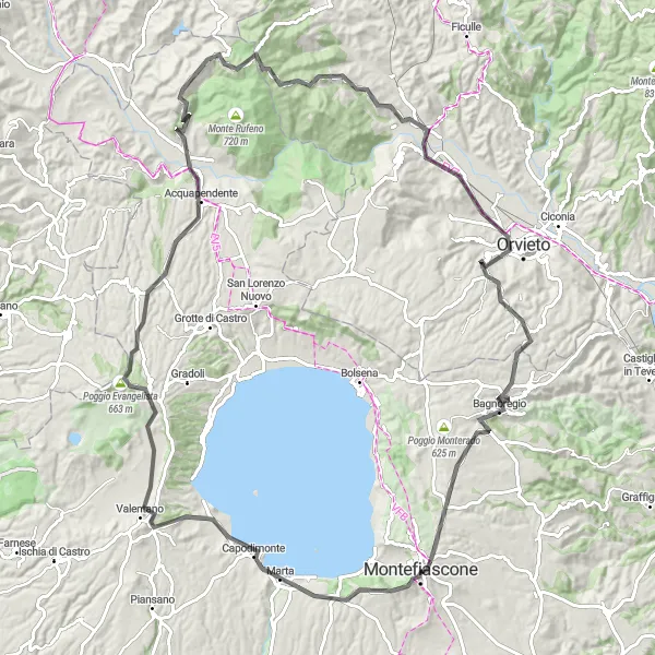 Miniatura della mappa di ispirazione al ciclismo "Road Montefiascone - Civita di Bagnoregio Epic Ride" nella regione di Lazio, Italy. Generata da Tarmacs.app, pianificatore di rotte ciclistiche