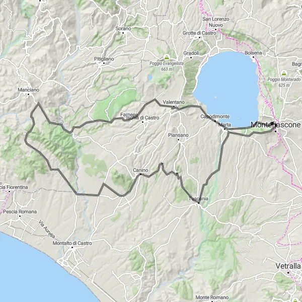Miniatura della mappa di ispirazione al ciclismo "Sfida su Strada intorno a Montefiascone" nella regione di Lazio, Italy. Generata da Tarmacs.app, pianificatore di rotte ciclistiche