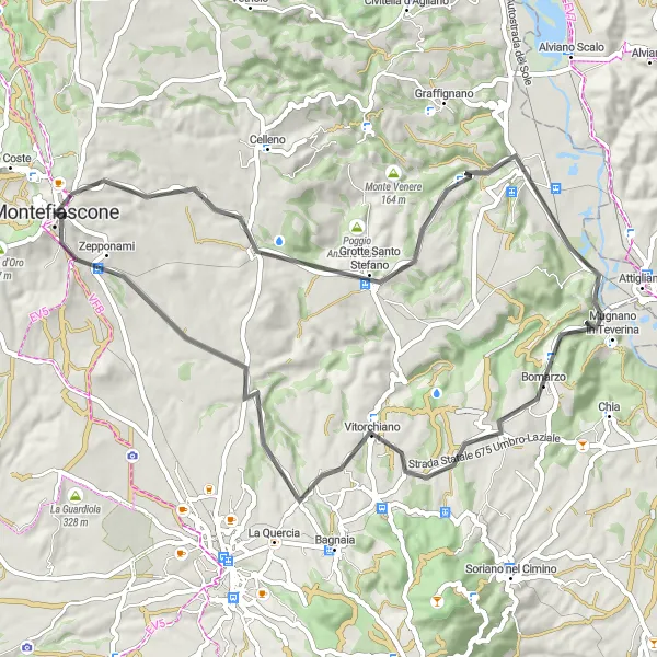 Miniatura della mappa di ispirazione al ciclismo "Road Montefiascone - Zepponami Panoramic Route" nella regione di Lazio, Italy. Generata da Tarmacs.app, pianificatore di rotte ciclistiche