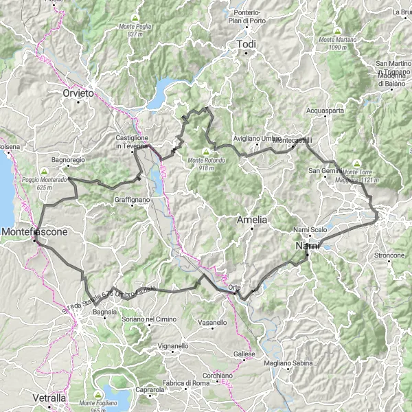 Map miniature of "Legendary Cycling: Montefiascone to Narni" cycling inspiration in Lazio, Italy. Generated by Tarmacs.app cycling route planner