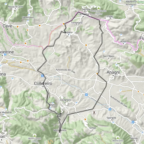 Map miniature of "Montelanico and The Magnificent Villas" cycling inspiration in Lazio, Italy. Generated by Tarmacs.app cycling route planner
