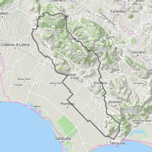 Map miniature of "Montelanico Loop" cycling inspiration in Lazio, Italy. Generated by Tarmacs.app cycling route planner