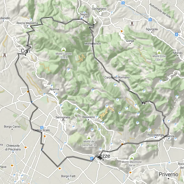 Miniatura della mappa di ispirazione al ciclismo "Giro in bici da Montelanico a Segni" nella regione di Lazio, Italy. Generata da Tarmacs.app, pianificatore di rotte ciclistiche