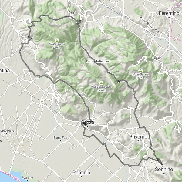 Map miniature of "Montelanico to Carpinese Loop" cycling inspiration in Lazio, Italy. Generated by Tarmacs.app cycling route planner