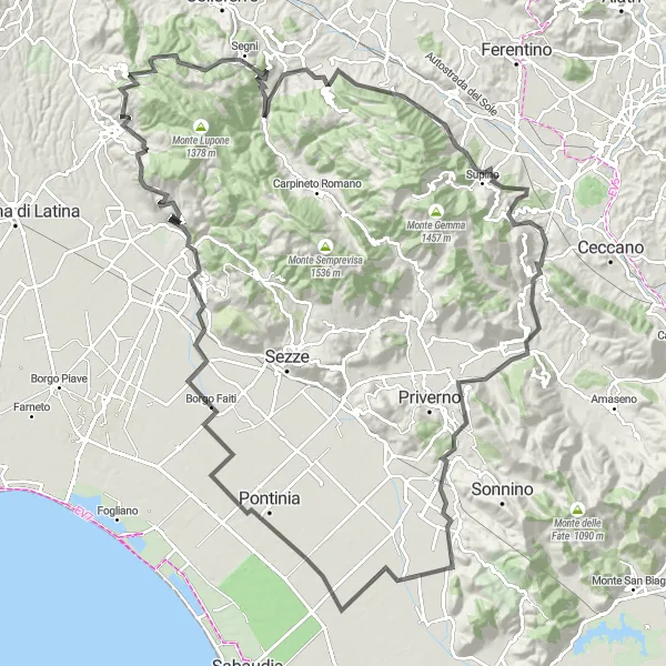 Miniatura della mappa di ispirazione al ciclismo "La sfida delle 10 cime" nella regione di Lazio, Italy. Generata da Tarmacs.app, pianificatore di rotte ciclistiche