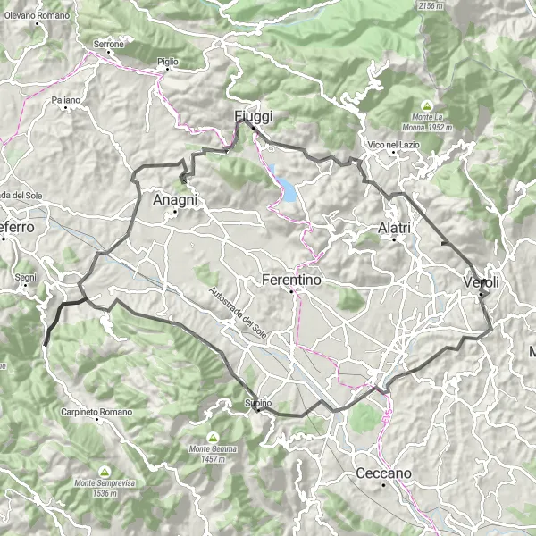 Miniatura della mappa di ispirazione al ciclismo "Sulle tracce dei monaci" nella regione di Lazio, Italy. Generata da Tarmacs.app, pianificatore di rotte ciclistiche