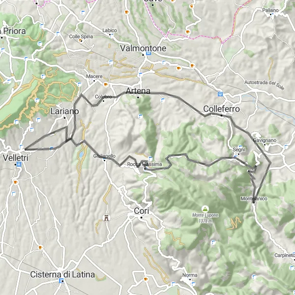 Miniatura della mappa di ispirazione al ciclismo "Giro in bici da Montelanico a Segni" nella regione di Lazio, Italy. Generata da Tarmacs.app, pianificatore di rotte ciclistiche