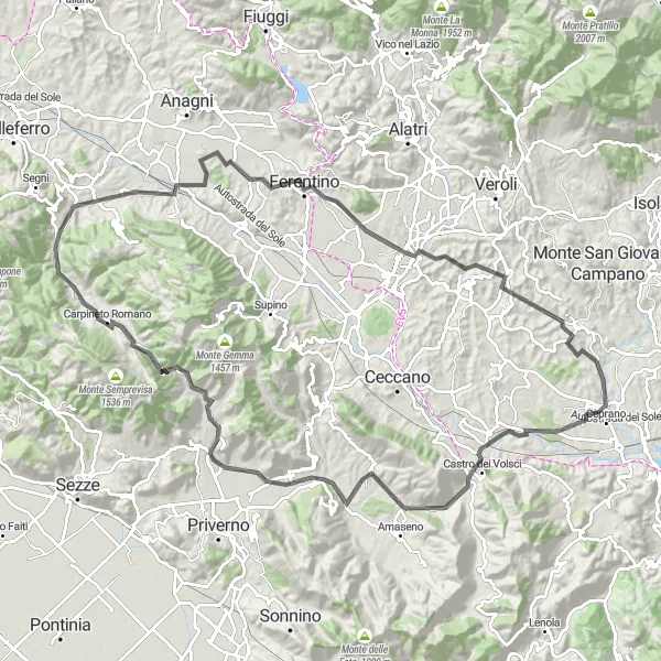 Miniatura della mappa di ispirazione al ciclismo "Giro in bici da Montelanico a Maenza" nella regione di Lazio, Italy. Generata da Tarmacs.app, pianificatore di rotte ciclistiche