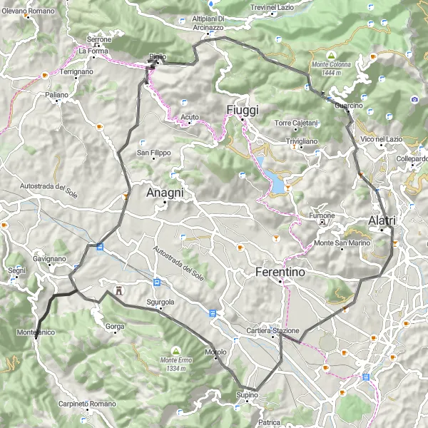 Miniatura della mappa di ispirazione al ciclismo "Giro in bicicletta attraverso le colline di Montelanico" nella regione di Lazio, Italy. Generata da Tarmacs.app, pianificatore di rotte ciclistiche