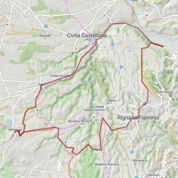 Map miniature of "Gravel Route to Mount Soratte" cycling inspiration in Lazio, Italy. Generated by Tarmacs.app cycling route planner