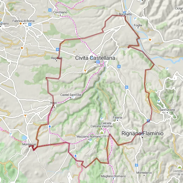 Miniatura della mappa di ispirazione al ciclismo "Circuit of Ancient Towns" nella regione di Lazio, Italy. Generata da Tarmacs.app, pianificatore di rotte ciclistiche
