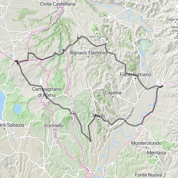 Map miniature of "The Roman Countryside" cycling inspiration in Lazio, Italy. Generated by Tarmacs.app cycling route planner
