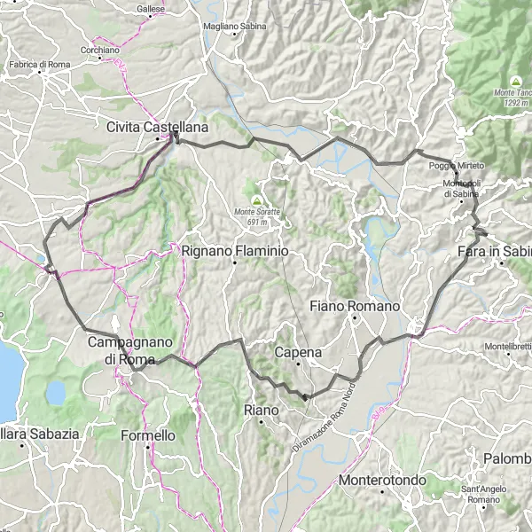 Miniatura della mappa di ispirazione al ciclismo "Alla scoperta di Monti Li Santi e Monte Razzano" nella regione di Lazio, Italy. Generata da Tarmacs.app, pianificatore di rotte ciclistiche