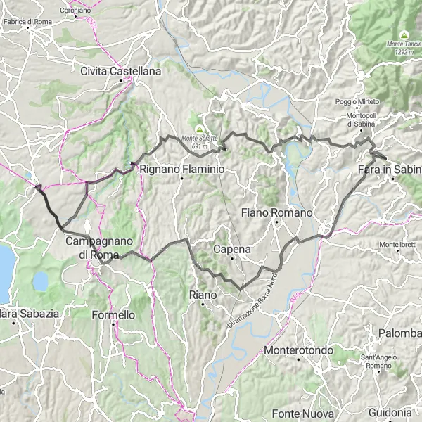 Miniatura della mappa di ispirazione al ciclismo "Giro panoramico tra Monterosi e Monte Razzano" nella regione di Lazio, Italy. Generata da Tarmacs.app, pianificatore di rotte ciclistiche