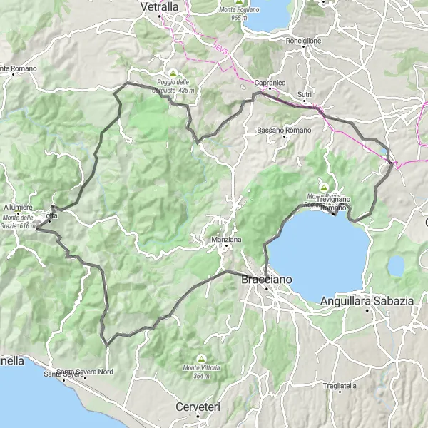 Miniatura della mappa di ispirazione al ciclismo "Esplorazione tra Monterosi e Sutri" nella regione di Lazio, Italy. Generata da Tarmacs.app, pianificatore di rotte ciclistiche