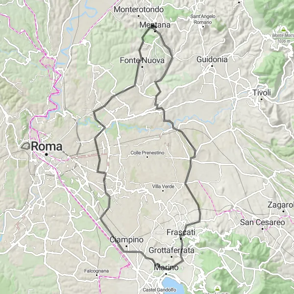 Map miniature of "Countryside Delights: Exploring the Roman Suburbs" cycling inspiration in Lazio, Italy. Generated by Tarmacs.app cycling route planner