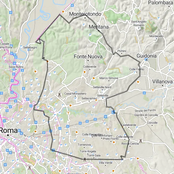 Map miniature of "Road cycling route from Monterotondo to Mentana" cycling inspiration in Lazio, Italy. Generated by Tarmacs.app cycling route planner