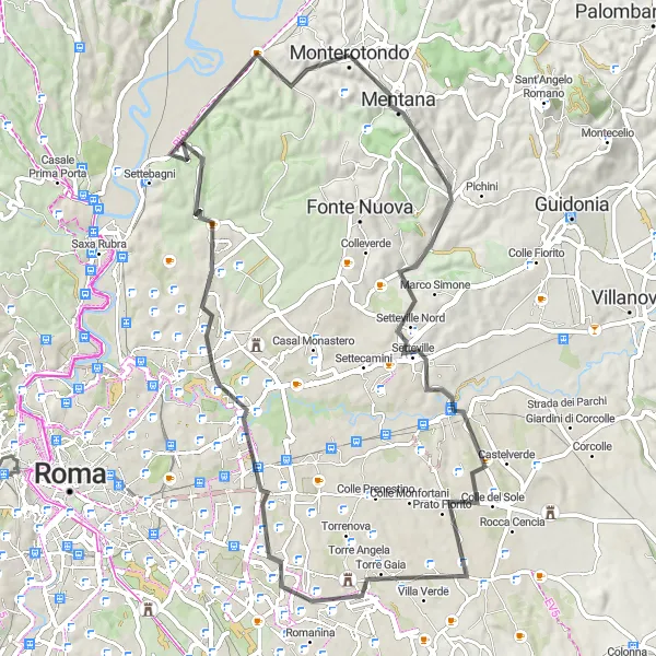 Miniatura della mappa di ispirazione al ciclismo "Giro in bicicletta attraverso Mentana e Lunghezza" nella regione di Lazio, Italy. Generata da Tarmacs.app, pianificatore di rotte ciclistiche