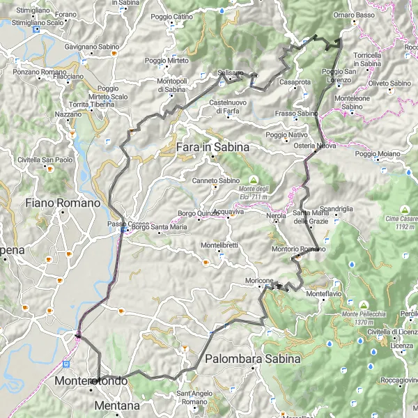 Miniatura della mappa di ispirazione al ciclismo "Avventura ciclistica tra Passo Corese e Monte Calvario" nella regione di Lazio, Italy. Generata da Tarmacs.app, pianificatore di rotte ciclistiche