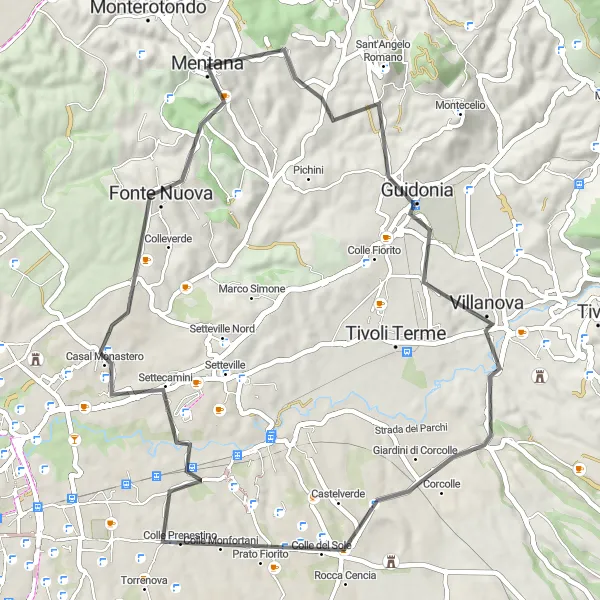 Miniatura della mappa di ispirazione al ciclismo "Giro in bici tra Monterotondo e Mentana" nella regione di Lazio, Italy. Generata da Tarmacs.app, pianificatore di rotte ciclistiche