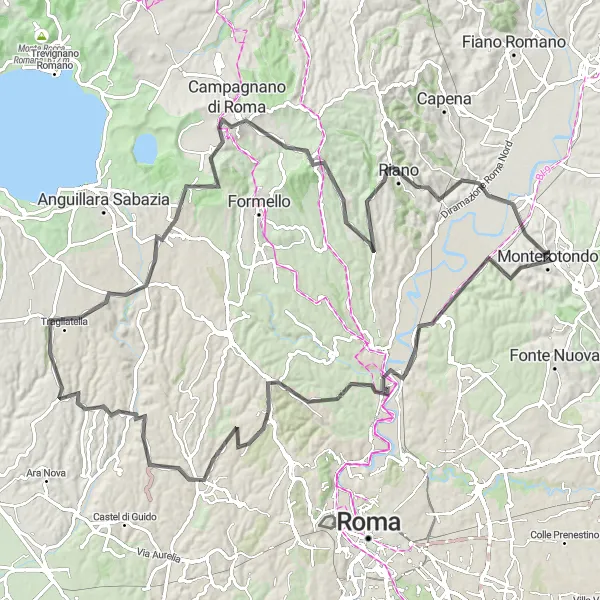 Miniatura della mappa di ispirazione al ciclismo "Strada dei Monti Sabatini in bicicletta" nella regione di Lazio, Italy. Generata da Tarmacs.app, pianificatore di rotte ciclistiche