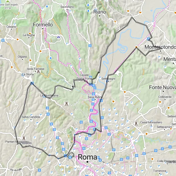 Miniatura della mappa di ispirazione al ciclismo "Scoperta dei colli romani in bicicletta" nella regione di Lazio, Italy. Generata da Tarmacs.app, pianificatore di rotte ciclistiche