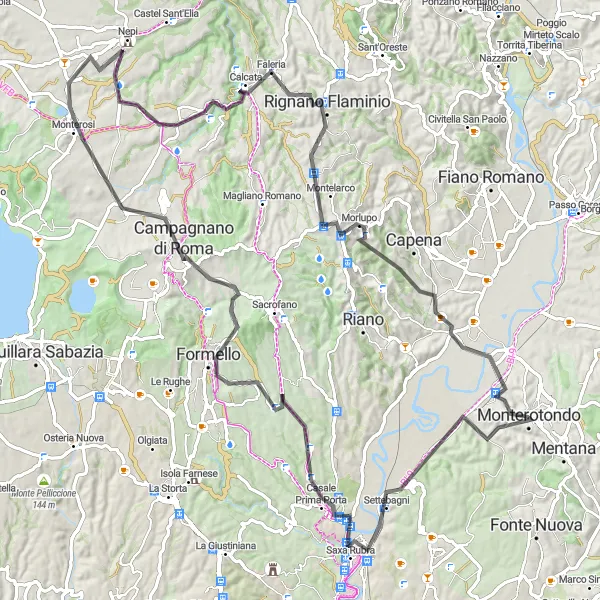Map miniature of "Journey through Ancient Villages" cycling inspiration in Lazio, Italy. Generated by Tarmacs.app cycling route planner