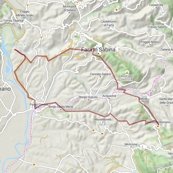 Miniatura della mappa di ispirazione al ciclismo "Tour in gravel da Montorio Romano a Fara in Sabina" nella regione di Lazio, Italy. Generata da Tarmacs.app, pianificatore di rotte ciclistiche