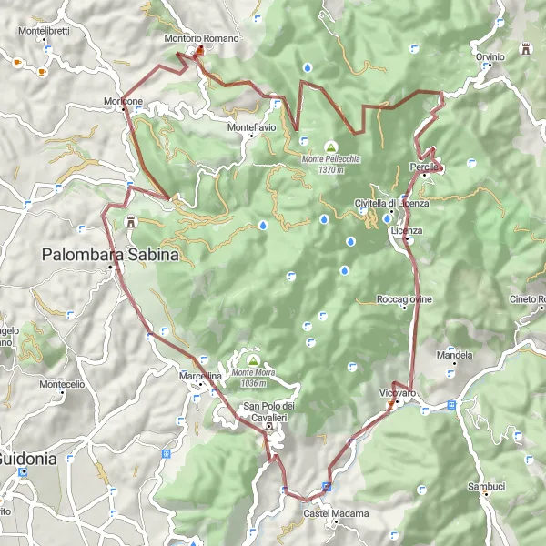 Map miniature of "Gravel Adventure in the Sabine Mountains" cycling inspiration in Lazio, Italy. Generated by Tarmacs.app cycling route planner