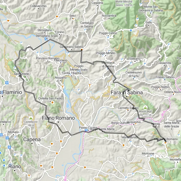 Map miniature of "Montorio Romano and the Sabina Hills" cycling inspiration in Lazio, Italy. Generated by Tarmacs.app cycling route planner