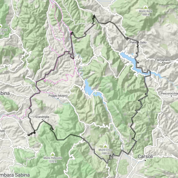 Map miniature of "From Sabine Mountains to Fiumata Lake" cycling inspiration in Lazio, Italy. Generated by Tarmacs.app cycling route planner