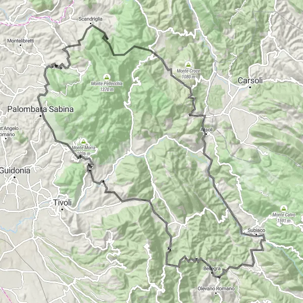 Miniatura della mappa di ispirazione al ciclismo "Montorio Romano - Affile - Ciciliano - Marcellina - Moricone" nella regione di Lazio, Italy. Generata da Tarmacs.app, pianificatore di rotte ciclistiche