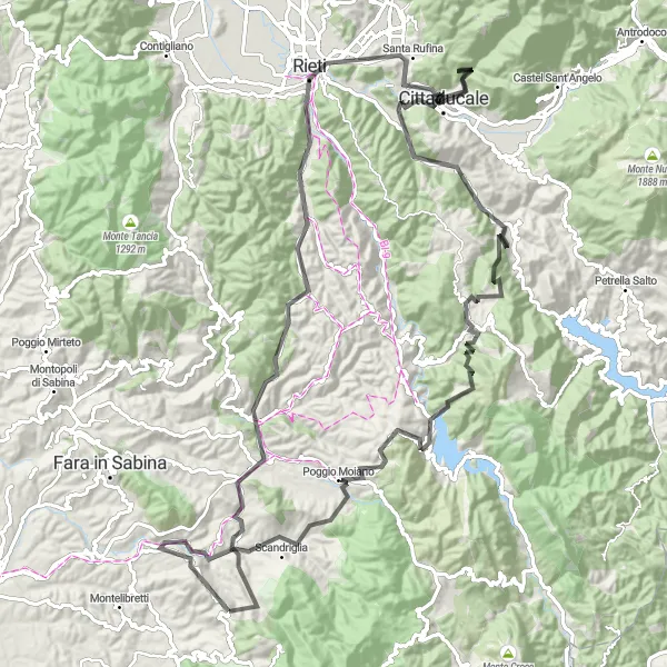 Map miniature of "Rieti Hills Challenge" cycling inspiration in Lazio, Italy. Generated by Tarmacs.app cycling route planner