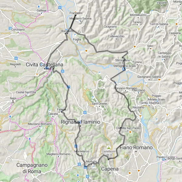 Miniatura della mappa di ispirazione al ciclismo "Natura e Storia nei Monti Sabatini" nella regione di Lazio, Italy. Generata da Tarmacs.app, pianificatore di rotte ciclistiche