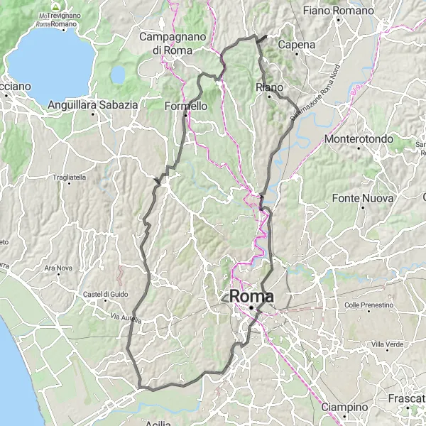 Map miniature of "Morlupo - Castellaccio - Riano - Catacomb of Priscilla - Giardino degli Aranci - Pyramid of Cestius - Ponte Galeria - Pantan Monastero - Formello - Monte Malvaiata - Monte delle Cese - Morlupo" cycling inspiration in Lazio, Italy. Generated by Tarmacs.app cycling route planner