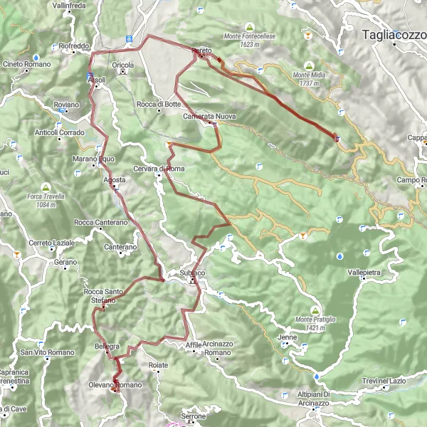 Map miniature of "The Gravel Mountain Challenge" cycling inspiration in Lazio, Italy. Generated by Tarmacs.app cycling route planner