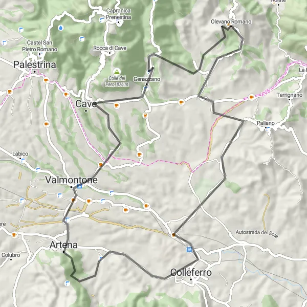 Map miniature of "Olevano Romano and Beyond" cycling inspiration in Lazio, Italy. Generated by Tarmacs.app cycling route planner