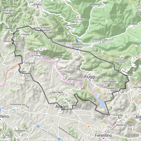 Map miniature of "Arcinazzo Romano Loop" cycling inspiration in Lazio, Italy. Generated by Tarmacs.app cycling route planner