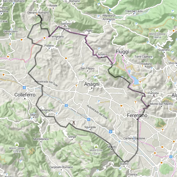Miniatura della mappa di ispirazione al ciclismo "Giro in bici stradale tra Olevano Romano e La Selva di Paliano" nella regione di Lazio, Italy. Generata da Tarmacs.app, pianificatore di rotte ciclistiche