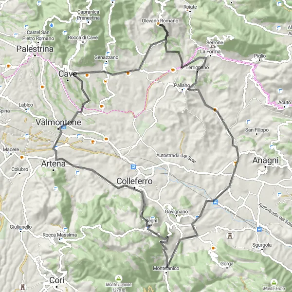 Map miniature of "The Hillside Escape" cycling inspiration in Lazio, Italy. Generated by Tarmacs.app cycling route planner