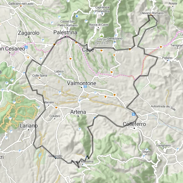 Map miniature of "Colleferro and Rocca Massima Loop" cycling inspiration in Lazio, Italy. Generated by Tarmacs.app cycling route planner