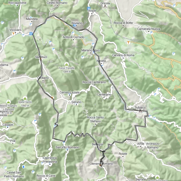 Map miniature of "Sambuci and Roccasecca Adventure" cycling inspiration in Lazio, Italy. Generated by Tarmacs.app cycling route planner