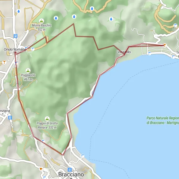 Map miniature of "Gravel Adventure in Oriolo Romano" cycling inspiration in Lazio, Italy. Generated by Tarmacs.app cycling route planner