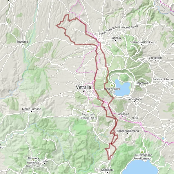Miniatura della mappa di ispirazione al ciclismo "Gravel Monte Sant'Elia Loop" nella regione di Lazio, Italy. Generata da Tarmacs.app, pianificatore di rotte ciclistiche